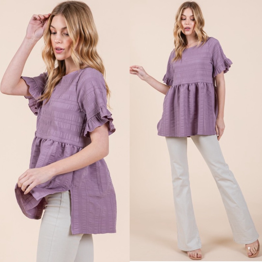 LAST 1! Pale Purple Textured Ruffle Tiered Side Slit Top! - Picture 2 of 8